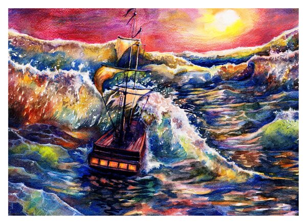Obraz - Loď na oceánskych vlnách, aquarel (70x50 cm)