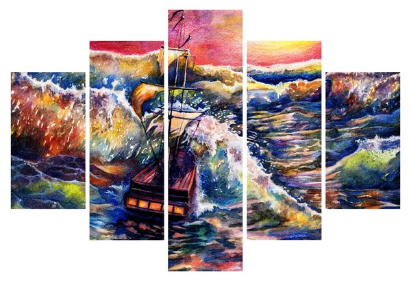 Obraz - Loď na oceánskych vlnách, aquarel (150x105 cm)