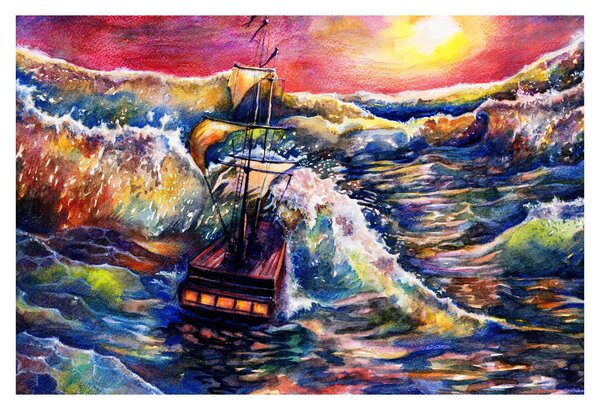 Obraz - Loď na oceánskych vlnách, aquarel (90x60 cm)
