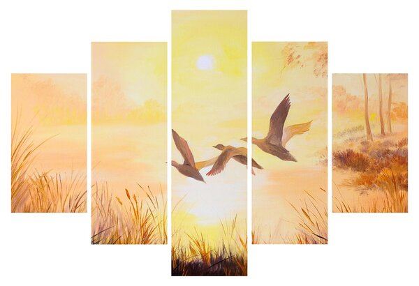 Obraz - Žeriavy pri západe slnka (150x105 cm)