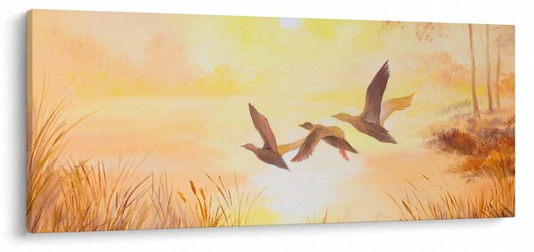 Obraz - Žeriavy pri západe slnka (120x50 cm)
