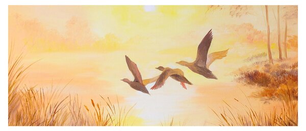 Obraz - Žeriavy pri západe slnka (120x50 cm)