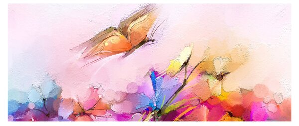 Obraz - Motýľ nad kvetinou, abstrakcia (120x50 cm)