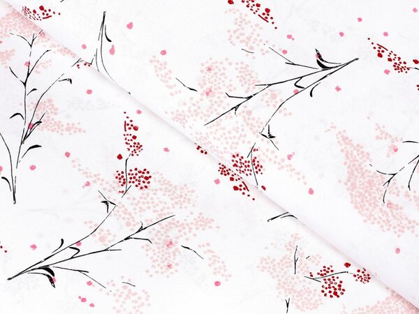 Bavlnená látka/plátno Sandra SA-088 Vínovo-ružové lúčne kvety na bielom - šírka 145 cm