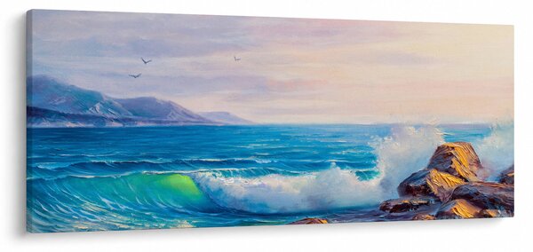 Obraz vĺn narážajúcich na útesy, olejomaľba (120x50 cm)
