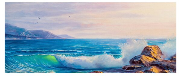 Obraz vĺn narážajúcich na útesy, olejomaľba (120x50 cm)
