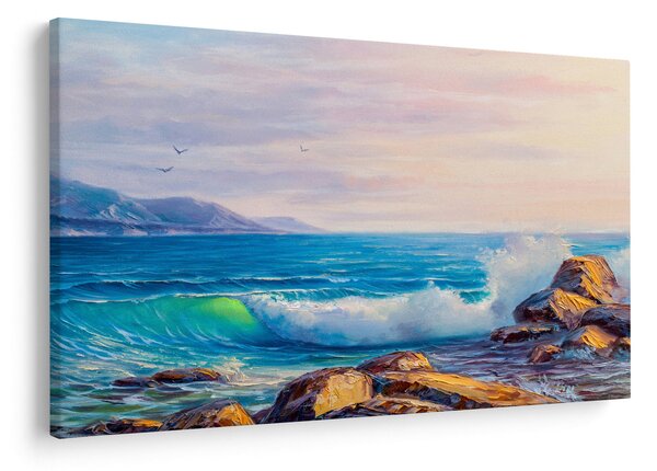 Obraz vĺn narážajúcich na útesy, olejomaľba (90x60 cm)