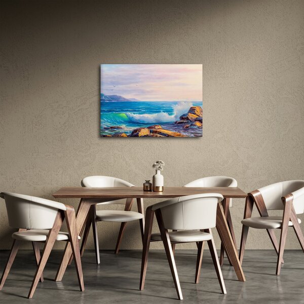 Obraz vĺn narážajúcich na útesy, olejomaľba (70x50 cm)