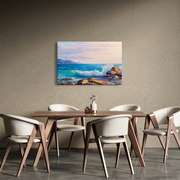 Obraz vĺn narážajúcich na útesy, olejomaľba (90x60 cm)