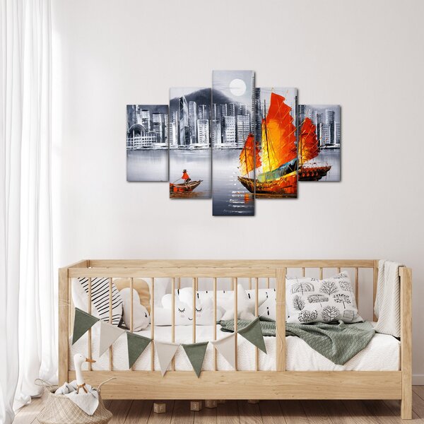 Obraz - Victoria Harbor, Hong Kong, čiernobiela olejomaľba (150x105 cm)