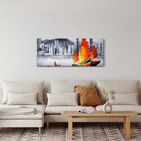 Obraz - Victoria Harbor, Hong Kong, čiernobiela olejomaľba (120x50 cm)