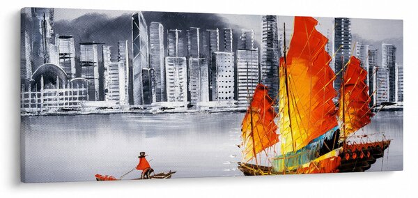 Obraz - Victoria Harbor, Hong Kong, čiernobiela olejomaľba (120x50 cm)