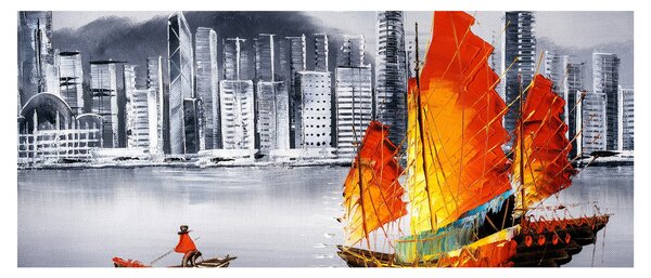 Obraz - Victoria Harbor, Hong Kong, čiernobiela olejomaľba (120x50 cm)