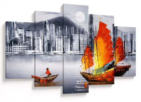 Obraz - Victoria Harbor, Hong Kong, čiernobiela olejomaľba (150x105 cm)