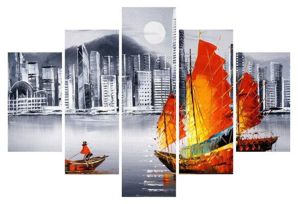 Obraz - Victoria Harbor, Hong Kong, čiernobiela olejomaľba (150x105 cm)
