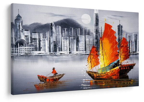 Obraz - Victoria Harbor, Hong Kong, čiernobiela olejomaľba (90x60 cm)