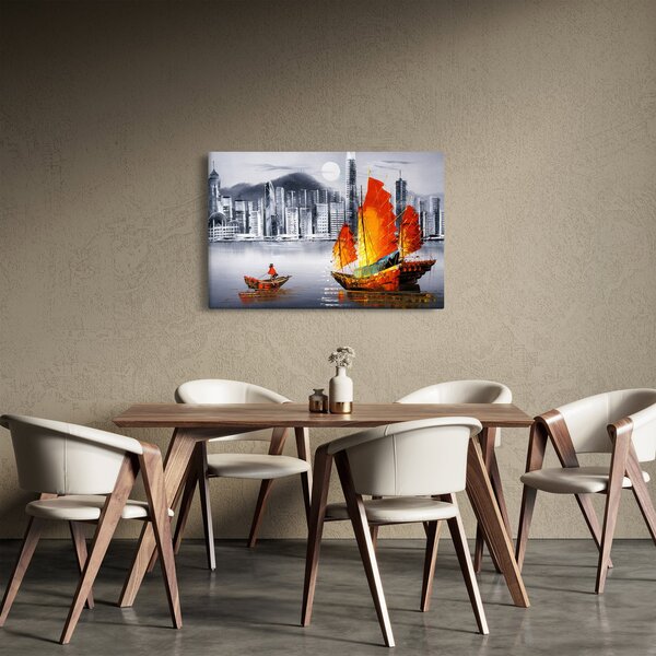 Obraz - Victoria Harbor, Hong Kong, čiernobiela olejomaľba (90x60 cm)