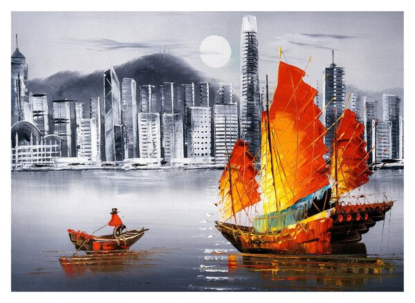 Obraz - Victoria Harbor, Hong Kong, čiernobiela olejomaľba (70x50 cm)