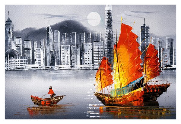 Obraz - Victoria Harbor, Hong Kong, čiernobiela olejomaľba (90x60 cm)