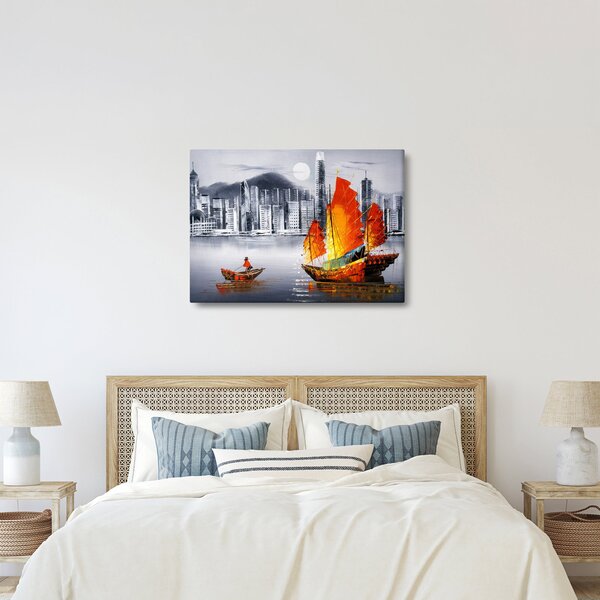 Obraz - Victoria Harbor, Hong Kong, čiernobiela olejomaľba (70x50 cm)