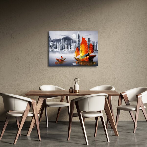 Obraz - Victoria Harbor, Hong Kong, čiernobiela olejomaľba (70x50 cm)