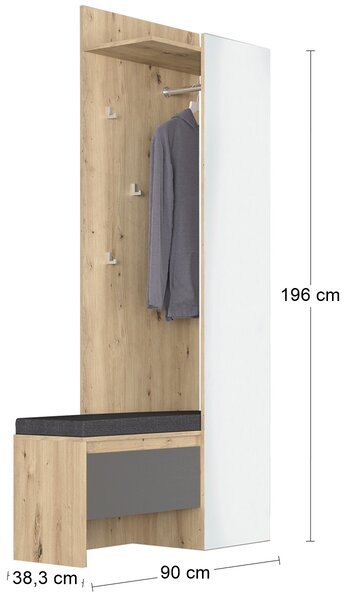 Vešiakový panel s lavicou a zrkadlom Thebes HW - dub artisan / sivá