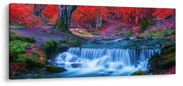 Obraz vodopádu v červenom lese (120x50 cm)