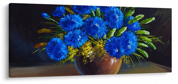 Obraz modrých kvetov vo váze (120x50 cm)