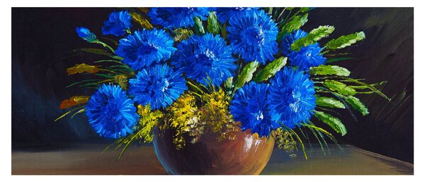 Obraz modrých kvetov vo váze (120x50 cm)