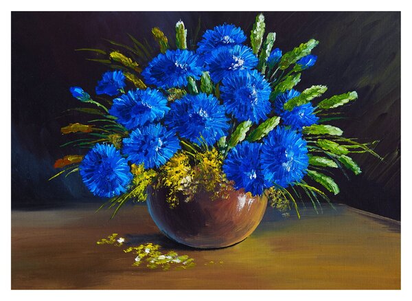 Obraz modrých kvetov vo váze (70x50 cm)