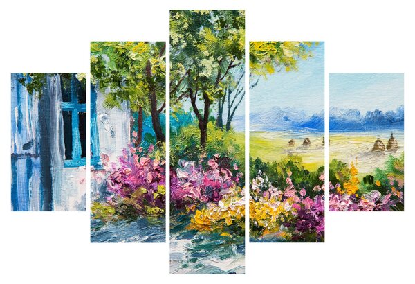 Obraz záhradky pred domom, olejomaľba (150x105 cm)