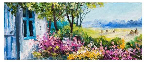 Obraz záhradky pred domom, olejomaľba (120x50 cm)