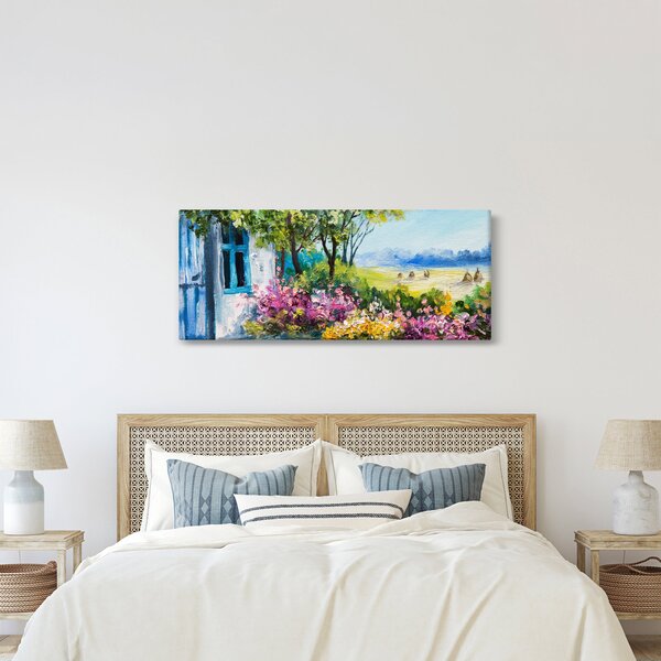 Obraz záhradky pred domom, olejomaľba (120x50 cm)