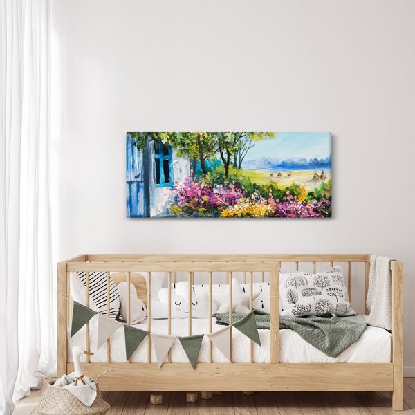 Obraz záhradky pred domom, olejomaľba (120x50 cm)