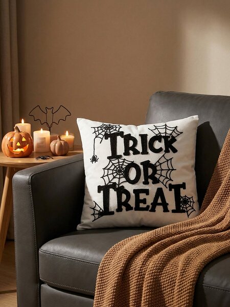 Sinsay - Halloweenská dekoratívna obliečka na vankúš s nápisom a motívom pavučiny - biela