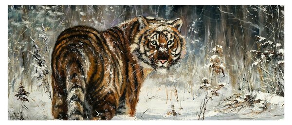 Obraz - Tiger v zasneženom lese, olejomaľba (120x50 cm)