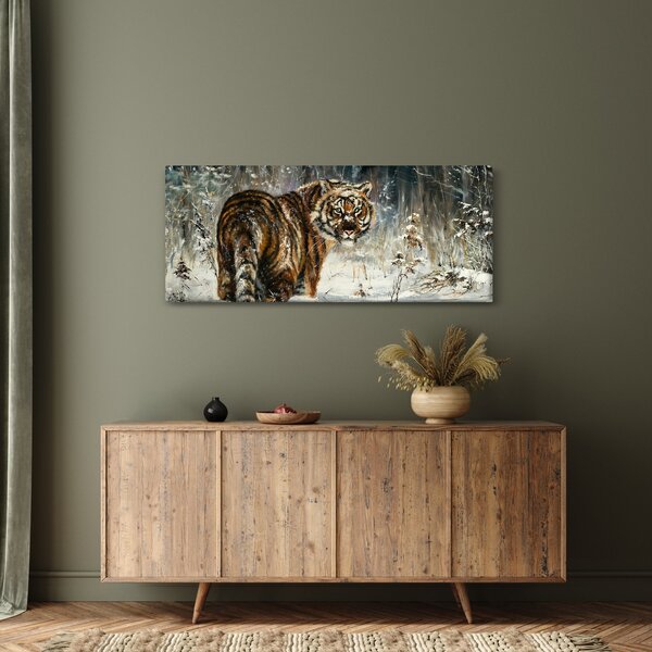 Obraz - Tiger v zasneženom lese, olejomaľba (120x50 cm)