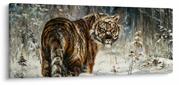 Obraz - Tiger v zasneženom lese, olejomaľba (120x50 cm)