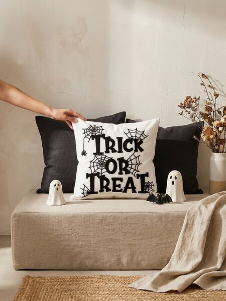 Sinsay - Halloweenská dekoratívna obliečka na vankúš s nápisom a motívom pavučiny - biela