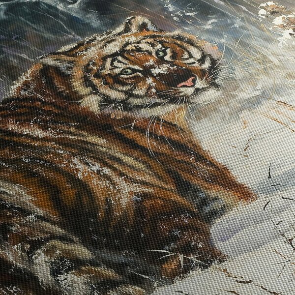 Obraz - Tiger v zasneženom lese, olejomaľba (s hodinami) (90x30 cm)