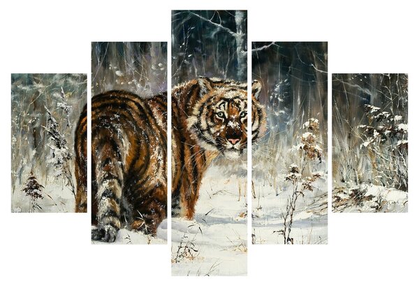 Obraz - Tiger v zasneženom lese, olejomaľba (150x105 cm)