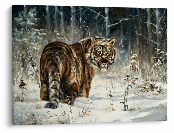 Obraz - Tiger v zasneženom lese, olejomaľba (70x50 cm)
