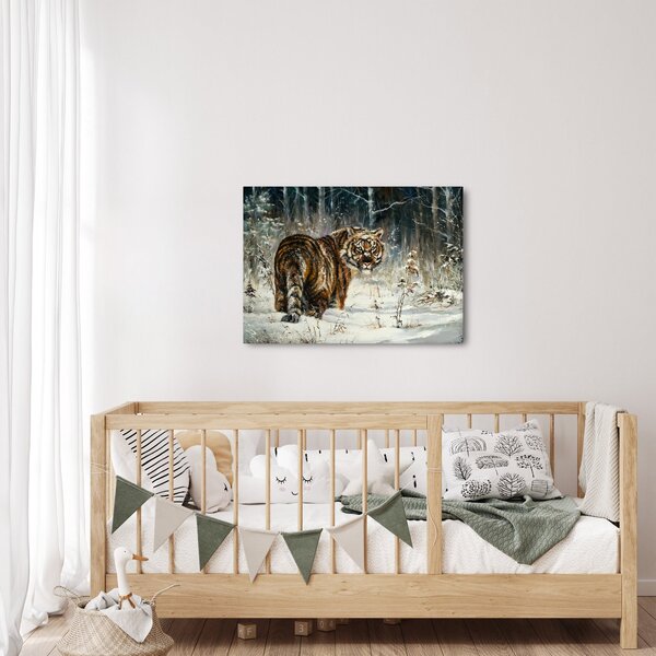 Obraz - Tiger v zasneženom lese, olejomaľba (70x50 cm)