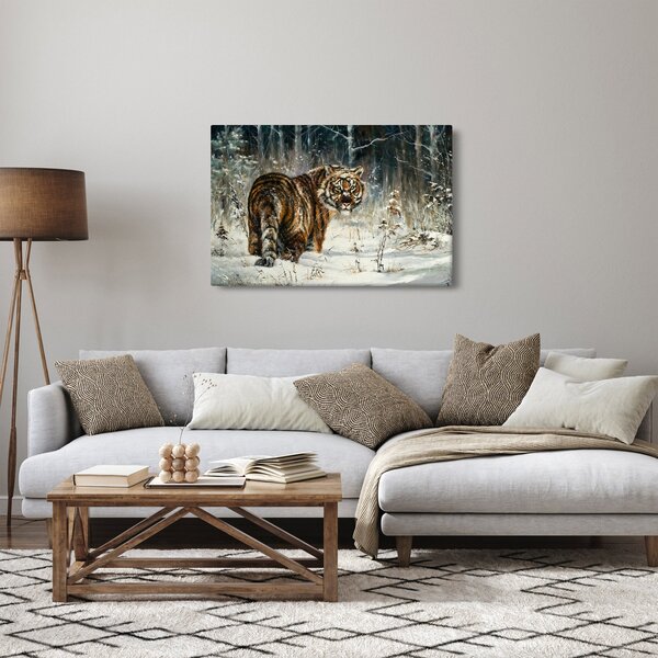Obraz - Tiger v zasneženom lese, olejomaľba (90x60 cm)