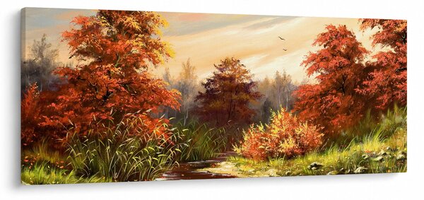 Obraz rieky v jesennej krajine, olejomaľba (120x50 cm)