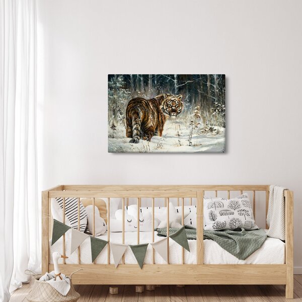 Obraz - Tiger v zasneženom lese, olejomaľba (90x60 cm)