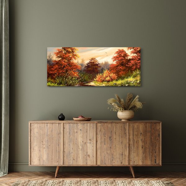 Obraz rieky v jesennej krajine, olejomaľba (120x50 cm)