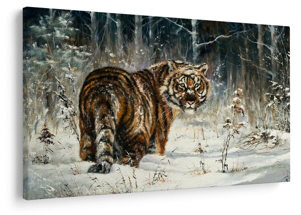 Obraz - Tiger v zasneženom lese, olejomaľba (90x60 cm)