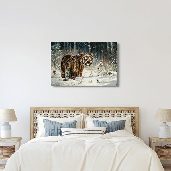 Obraz - Tiger v zasneženom lese, olejomaľba (90x60 cm)