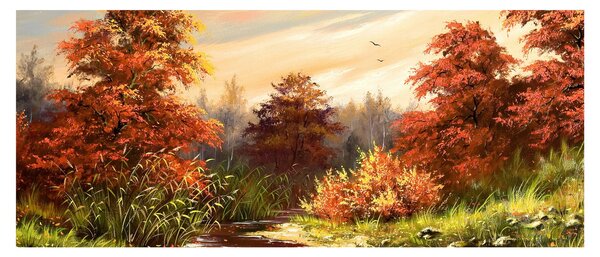 Obraz rieky v jesennej krajine, olejomaľba (120x50 cm)